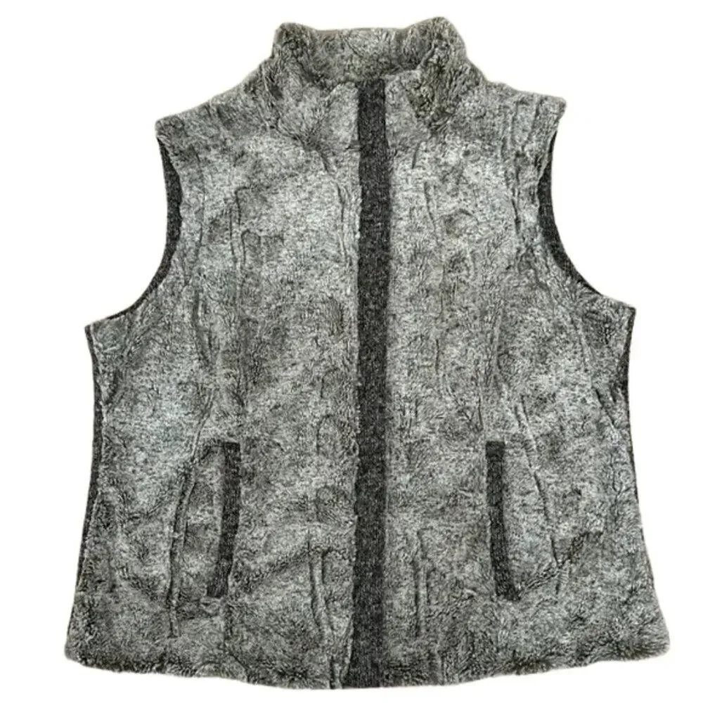 Tribal Sweater Vest Womens Size X-Large Brown Faux Fur Mock Neck Casual Full Zip